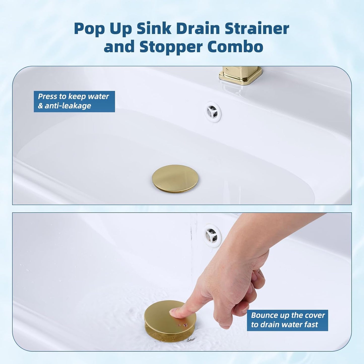 Hibbent Upgraded 3 in 1 Bathroom Sink Drain Strainer, Pop Up Sink Stopper with Big Push Cap, Anti-Clogging Metal Filter Basket,Sink Plug with Hair Catcher for 1.1''~2.36'' Basin, Brushed Gold