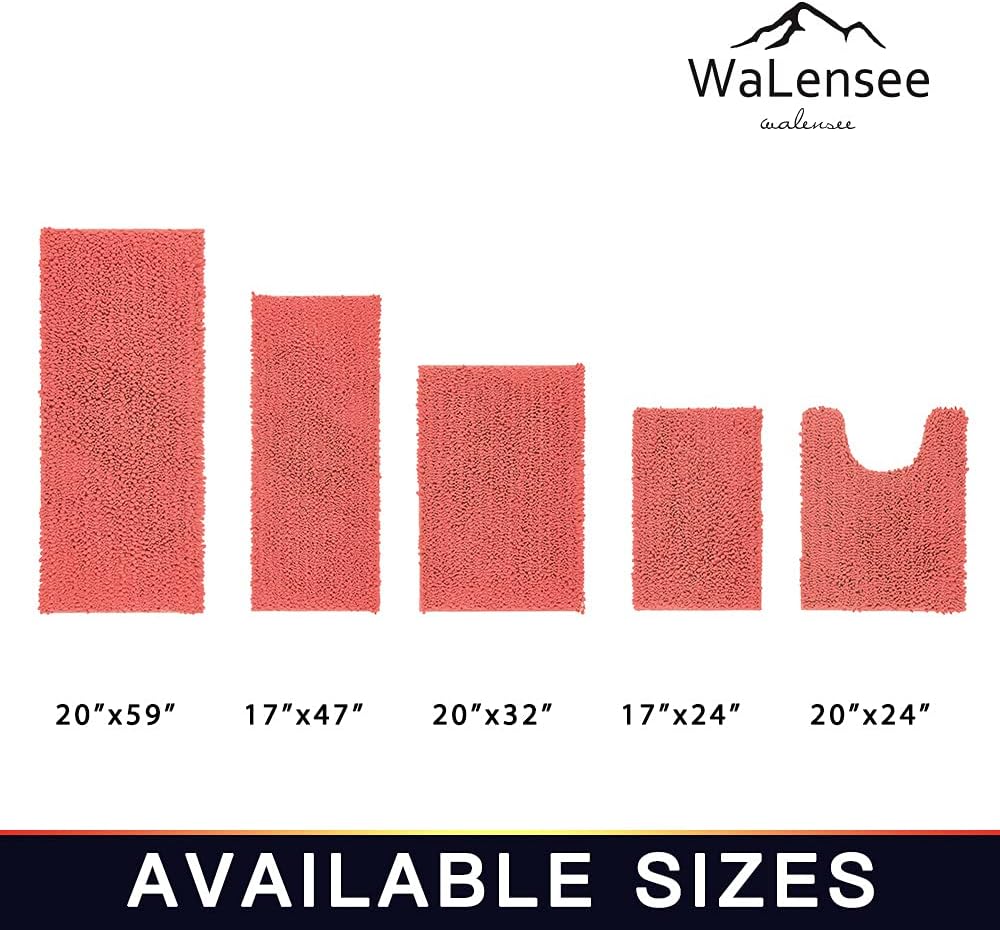 Walensee Bathroom Contour Rug Non Slip Toilet U Shaped Bath Mat (20x24, Coral) Water Absorbent Super Soft Shaggy Chenille Machine Washable Dry Extra Thick Perfect Absorbant Best Plush Carpet