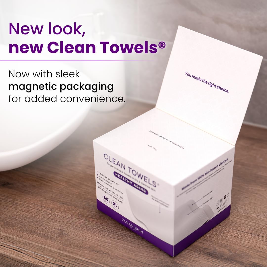 Clean Skin Club Healthy Aging Clean Towels® XL, Smooths Fine Lines Wrinkles & Texture in 6 weeks, Treated for Extra Softness, Disposable Face Towels, Anti Aging Makeup Remover Dry Wipe, 50 count