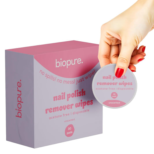 Biopure Nail Polish Remover Wipes Acetone-Free & Non-Toxic – Quick & Easy Nail Polish Removal, Travel-Friendly Disposable Pads w/Sealable Jar (30 Count, Unscented)