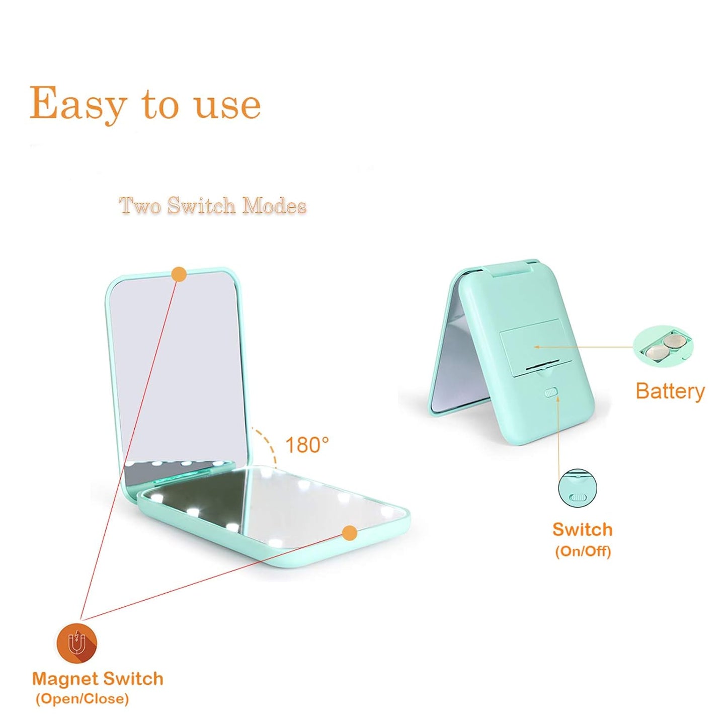 Kintion Pocket Mirror, 1X/3X Magnification LED Compact Travel Makeup Mirror with Light for Purse, 2-Sided, Portable, Folding, Handheld, Small Lighted Mirror for Gift, Cyan