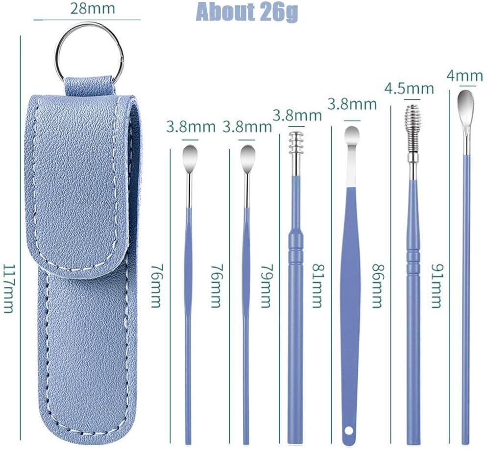 6 Pcs Ear Pick Ear Wax Removal Kit, Ear Cleansing Tool Set, Ear Curette Cleaner, 360° Spiral Design Ear Canal Cleaner Stainless Steel, with a Storage Box Portable Kit for Home and Travel(Blue)