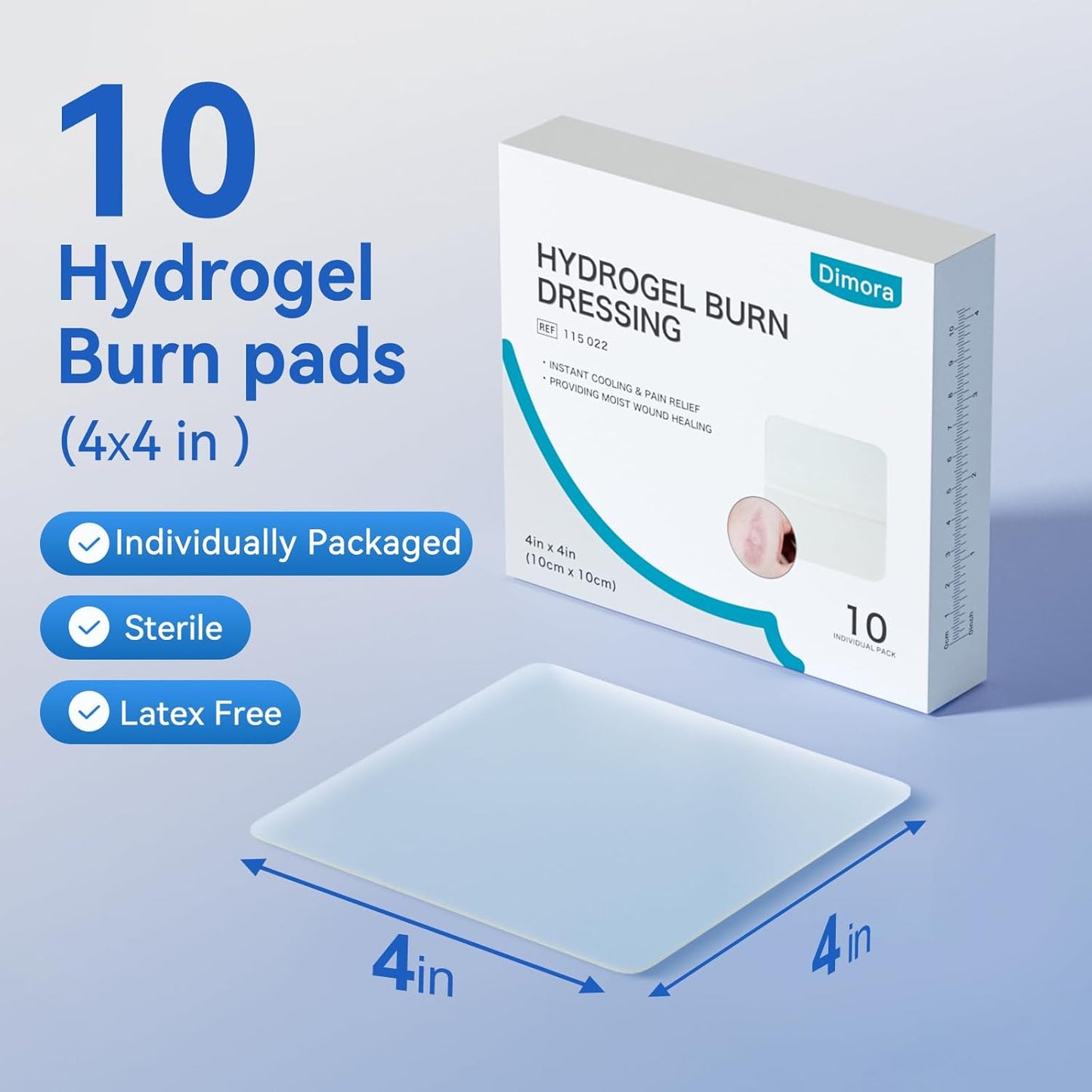 Dimora Hydrogel Burn Dressing 4" x 4" - Burn and Wound Dressing Instant Cooling Relief for Minor Burns & Wounds, Soothing Moist Burn Pads for 1st-2nd Degree Burns, Cuts, Abrasions(10 Count)