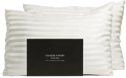 Fishers Finery 30mm 100% Pure Mulberry Silk Pillowcase Set, Quality Tested (White Stripe, King, 2 Pack)