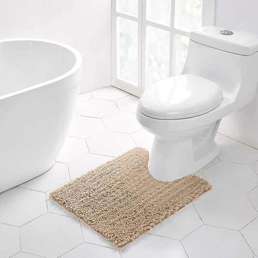 Walensee Bathroom Contour Rug Non Slip Toilet U Shaped Bath Mat (20x24, Beige) Water Absorbent Super Soft Shaggy Chenille Machine Washable Dry Extra Thick Perfect Absorbant Best Plush Carpet