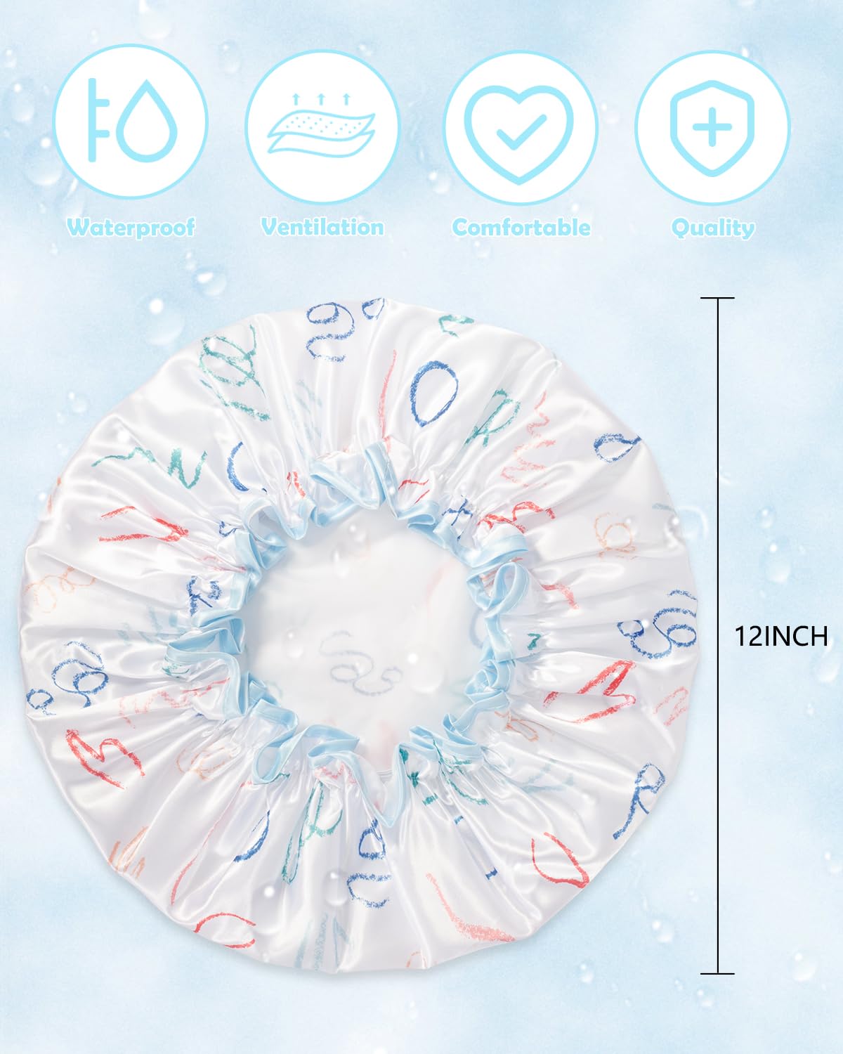 Aquior Shower Caps, Reusable Shower Cap for Women, Double Layer Waterproof Hair Cap, Large Size for All Hair Lengths Non-fading Bathing Shower for Ladies