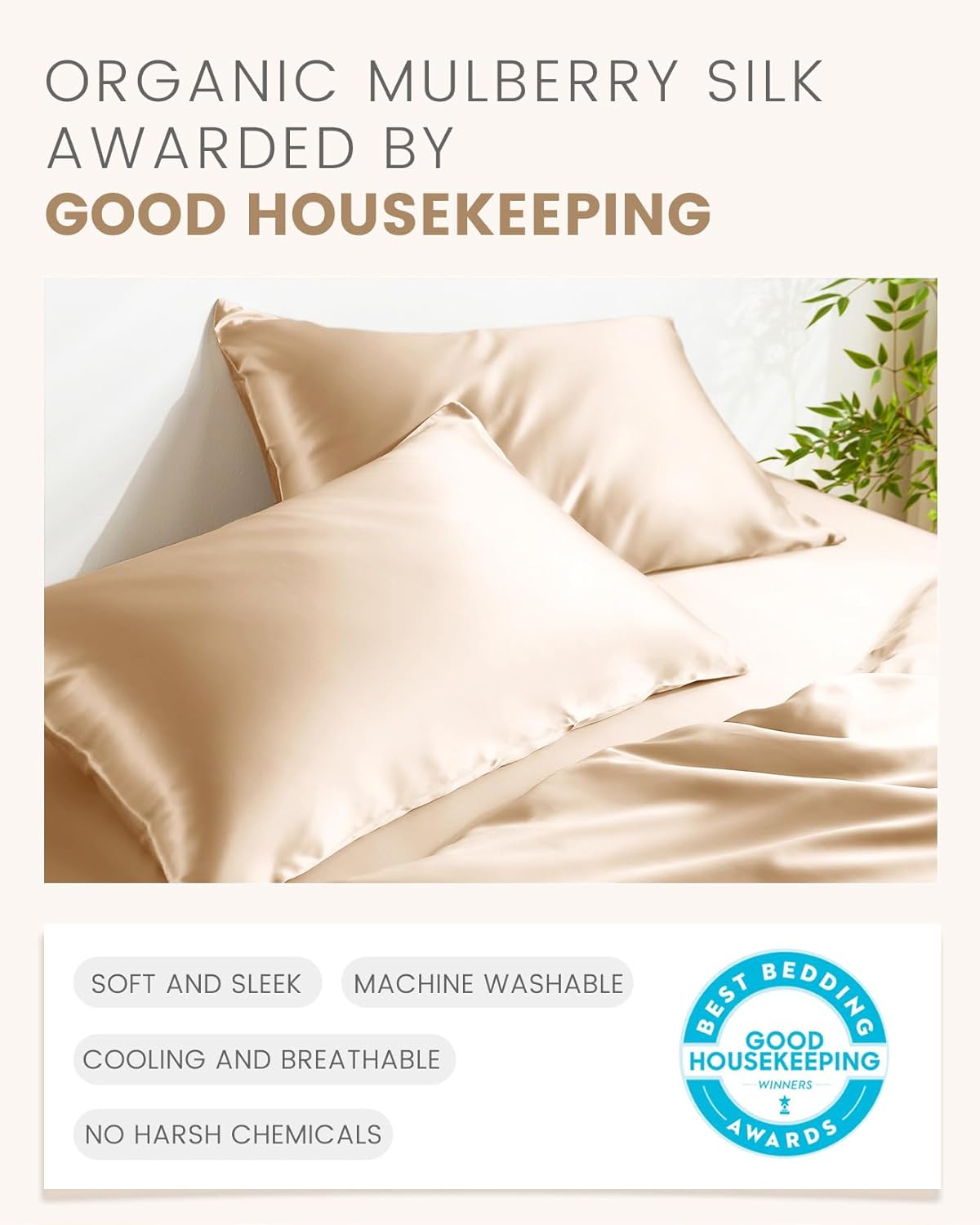 THXSILK 100% Mulberry Silk Body Pillowcase for Hair and Skin Health, Soft and Smooth Pillowcase with Hidden Zipper, Both Sides Premium Grade 6A+ Silk, 1pc (Body Size 20"x54", Beige)