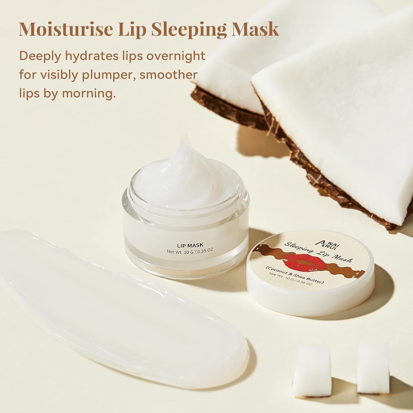 ANAI RUI Coconut Lip Scrub & Lip Mask Set with Shea Butter, Lip Scrubber Exfoliator Enriched with Vitamin E, Sugar Scrub for Dry Lips, Hydrating Lip Mask for Overnight Use, Christmas Gifts for teens