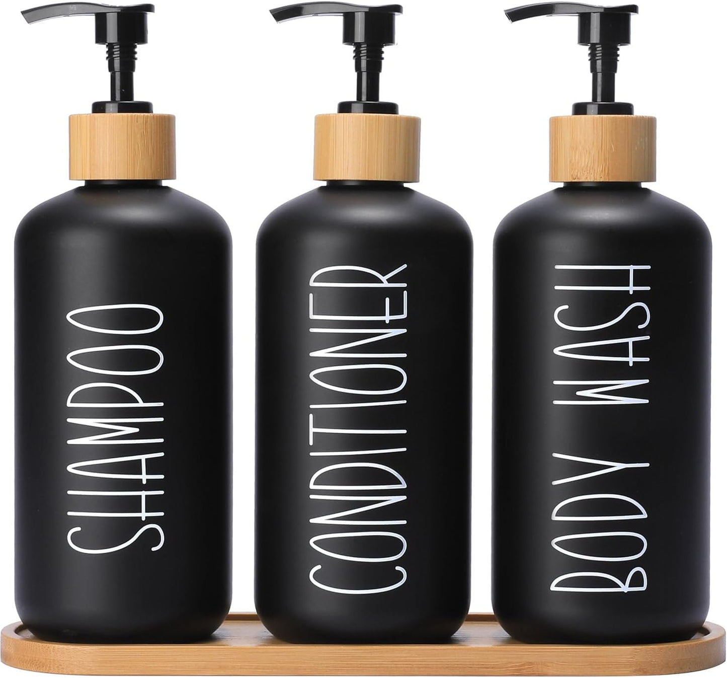MOMEEMO Black Shower Soap Dispenser Set, Contains 3 Extra-Thick PET Plastic Bottles with Bamboo Pumps, Shampoo Bottles Refillable with Pump Perfect for Guest Room Must Haves. (Black)