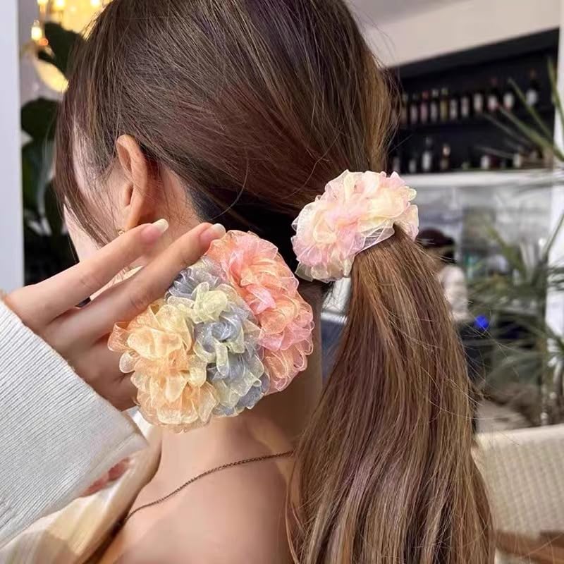 Lemeilleur 10 PCs (5 Pairs) Multicolor Cute Gauzy Elastic Hair Scrunchies for Buns Hair Ties Ponytail holders Band for Girls Kids Cheerleaders Hair Accessories