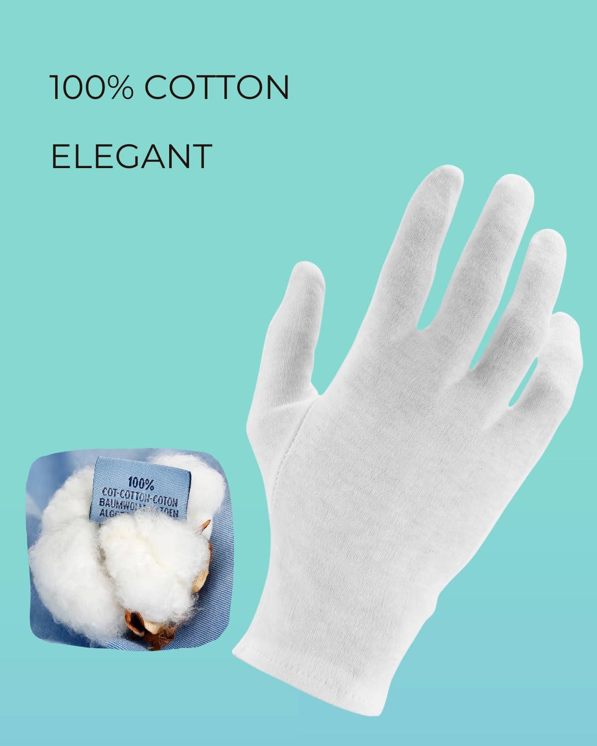 Cotton Gloves (2 Pairs), White, Moisturizing Night Gloves for Dry Hands, 100% Cotton, Size L