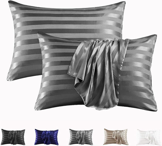 MR&HM Satin Pillowcase for Hair and Skin, Silk Satin Pillowcase 2 Pack, Queen Size Pillow Cases Set of 2, Silky Pillow Cover with Envelope Closure (20x30, Dark Grey Striped)