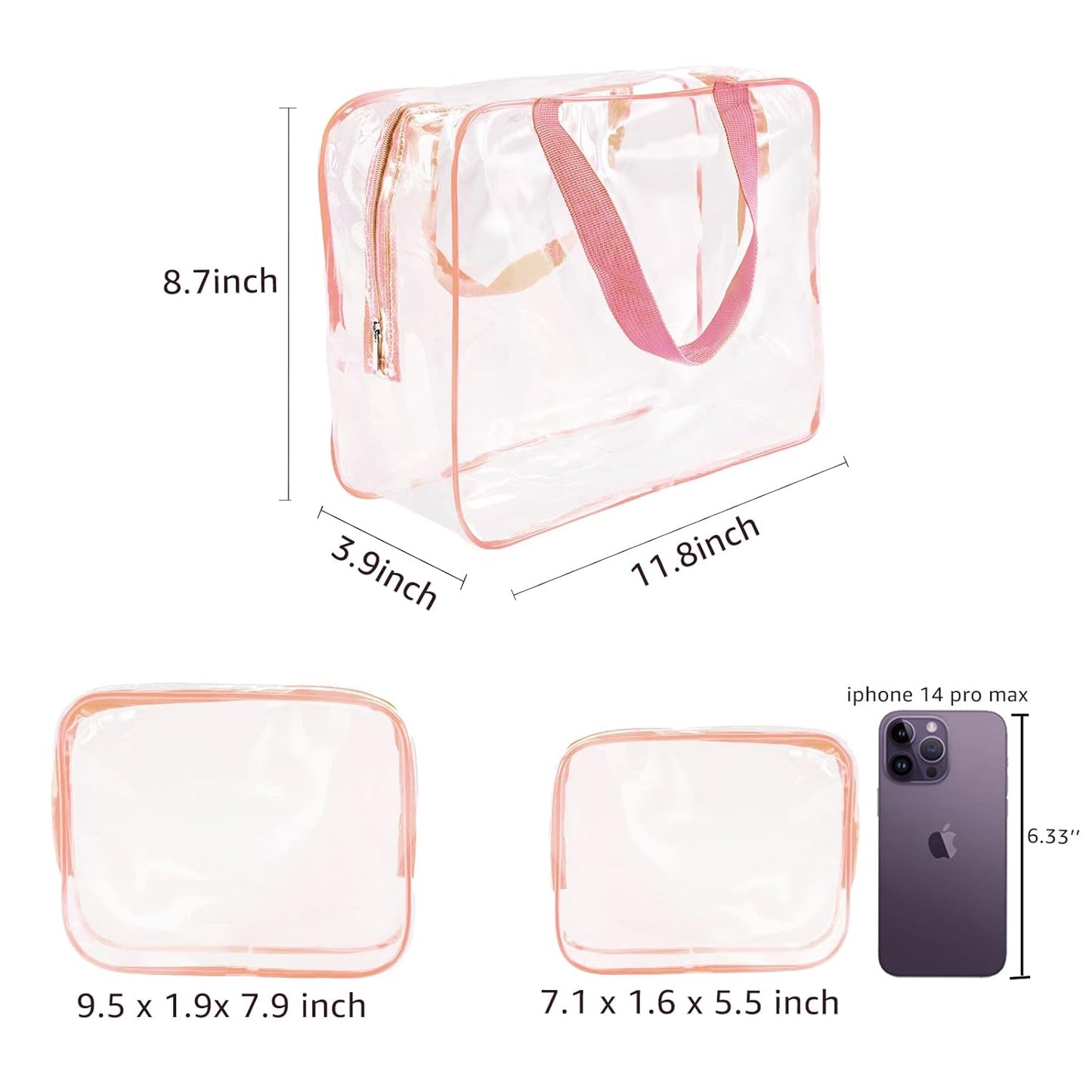 5Pcs Crystal Clear PVC Travel Toiletry Bag Kit for Women Men, Waterproof Vinyl Packing Organizer Storage Bags with Zipper Handle Straps, Cosmetic Pouch Carry on Airport Airline Compliant Bag Handbag