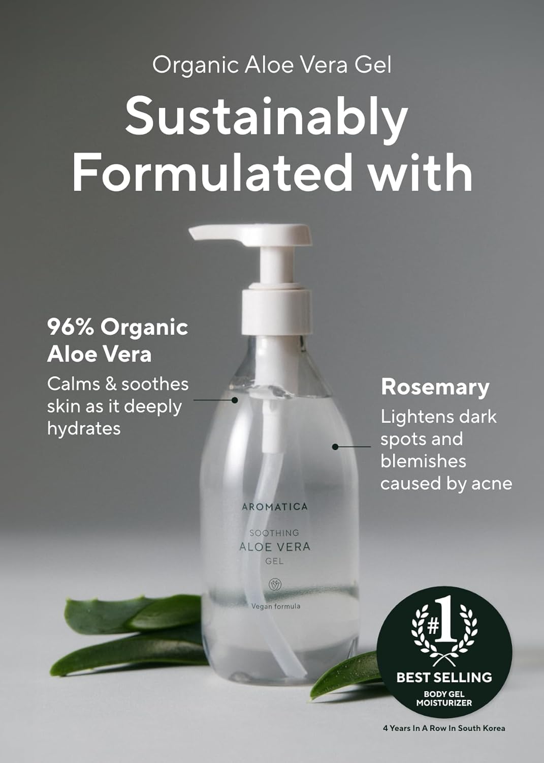 AROMATICA Organic Aloe Vera Gel 10.14oz/300ml, After Sun Care And Sunburn Relief with Pure Aloe Vera Gel Face&Hair, Sun Burn Moisturizer EWG Verified