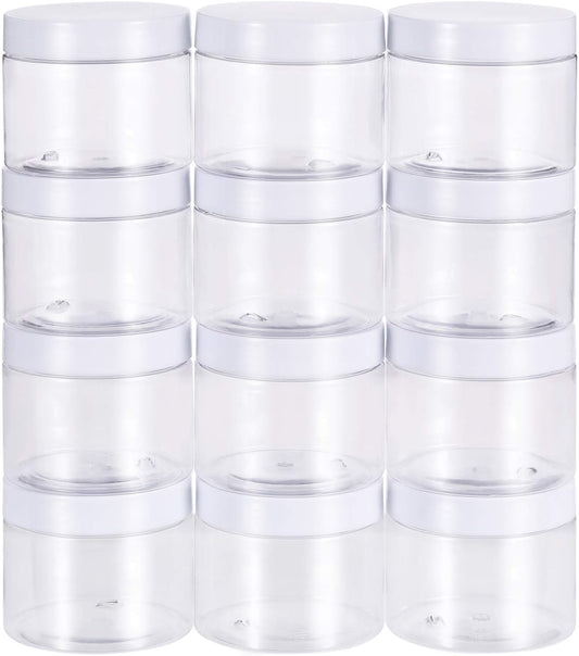 SATINIOR 12 Pack 7 oz Plastic Container Jars with Lids Round Clear Travel Cosmetic Container Slime Jars for Toiletries, Lotion, Cream, Ointments, Makeup, Rhinestone, Samples, Kitchen Storage(White)