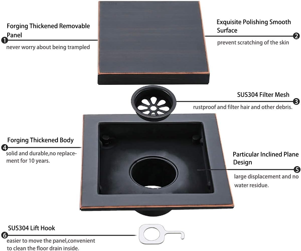RANDOM Oil Rubbed Bronze Shower Drain Square 6 inch with Adjustable PVC Base Flange,SUS304 Stainless Steel Shower Floor Drain Kit with Tile Insert Shower Drain Cover and Hair Strainer