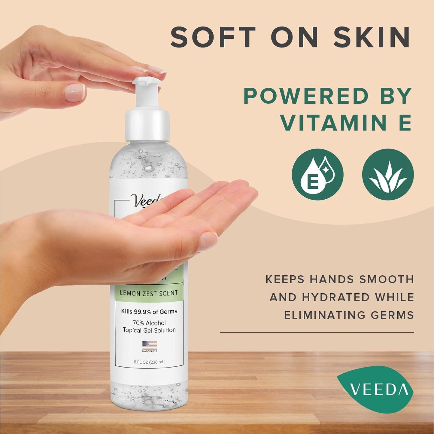 Veeda Scented Hand Sanitizer with Lemon Zest Scent - Moisturizing Clear Gel with Vitamin E & Antimicrobial Formula- Contains 70% Ethyl Alcohol - Hand Sanitizer Travel Size, Made in USA (3 x 8 fl. oz)