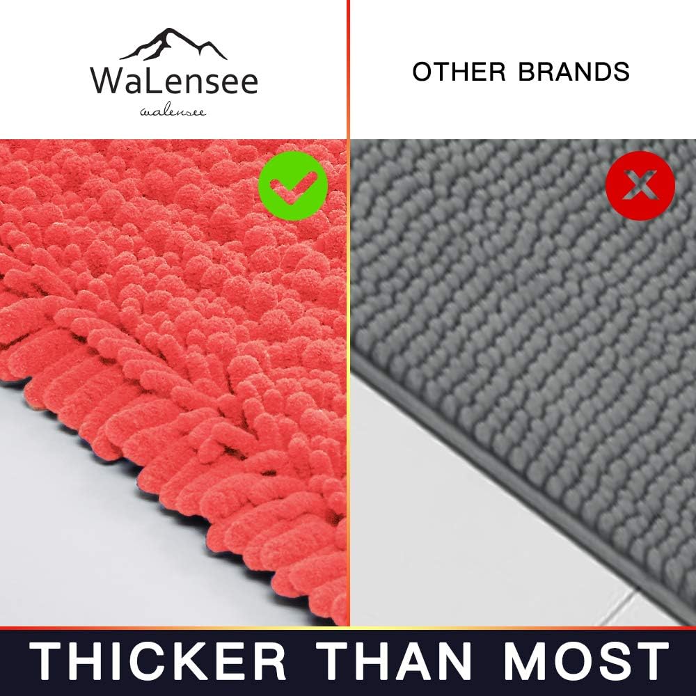 Walensee Bathroom Rug 2 Pieces Set Non Slip Bath Mat (20"x32" Plus 20"x32" Living Coral) Water Absorbent Super Soft Shaggy Chenille Machine Washable Dry Extra Thick Perfect Carpet for Shower Floor