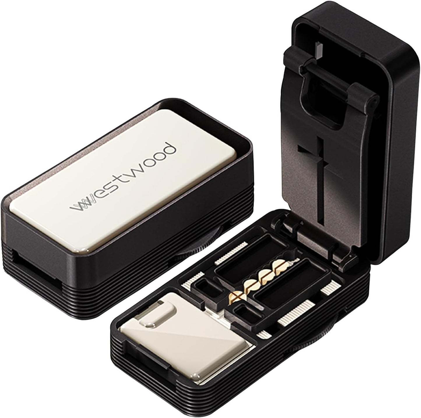 Pill Cutter - 1/4 & 1/2 Pill Splitter for Small Tiny Large Pills Professional | Hidden Blade & Sealed Storage | Adjustable & Cuts Multiple Tablets | Includes Cleaning Brush (Black)