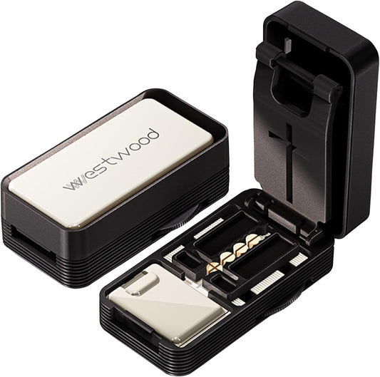 Pill Cutter - 1/4 & 1/2 Pill Splitter for Small Tiny Large Pills Professional | Hidden Blade & Sealed Storage | Adjustable & Cuts Multiple Tablets | Includes Cleaning Brush (Black)