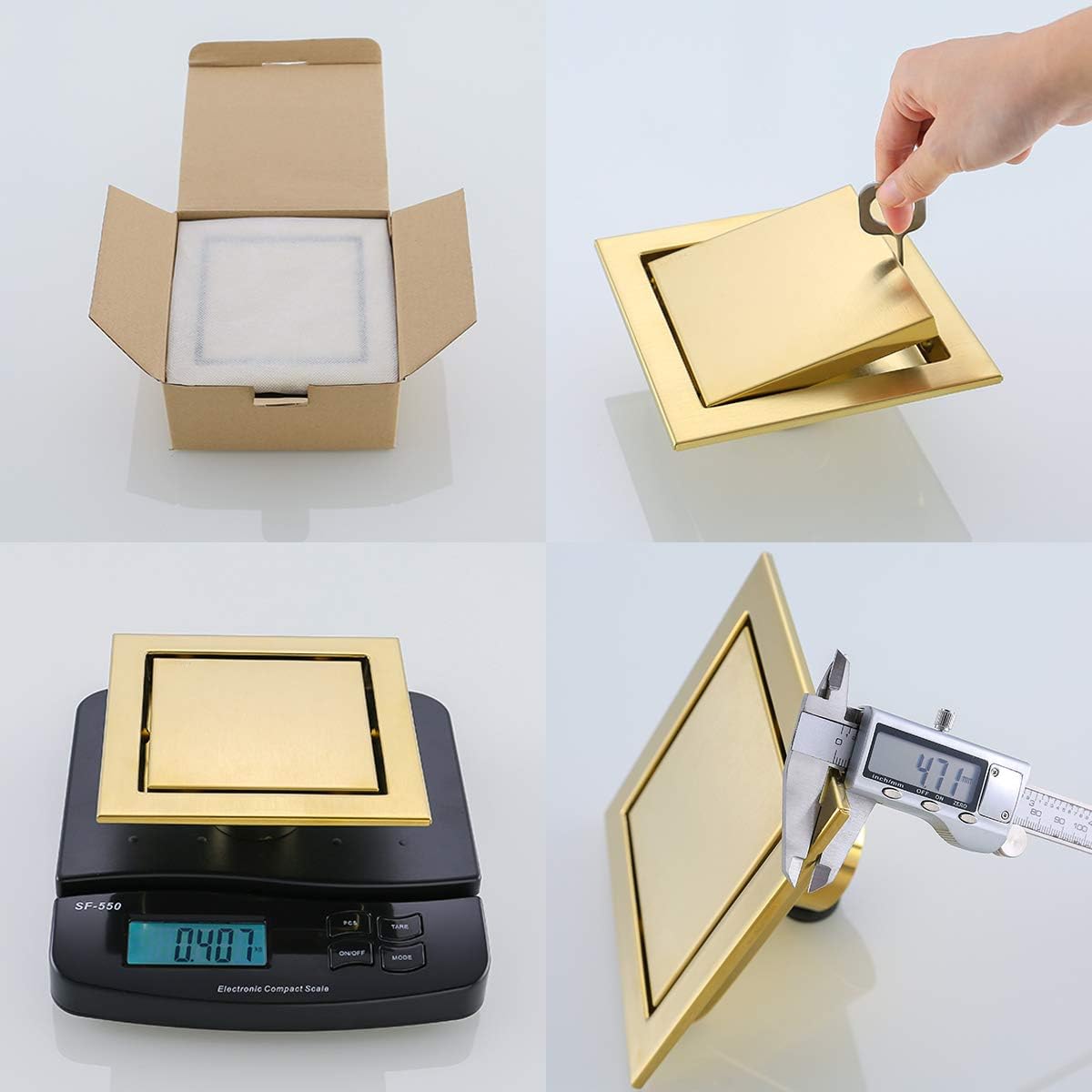 RANDOM Brushed Gold Shower Drain Square 6 inch SUS304 Stainless Steel Shower Floor Drain with Hair Strainer Tile Insert Shower Drain Cover