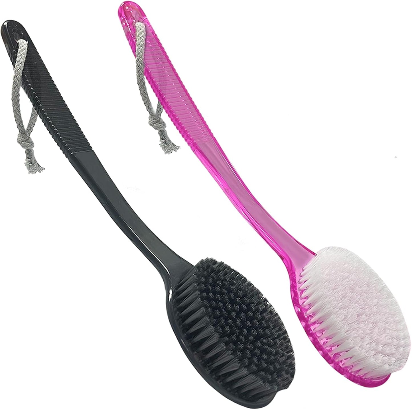 Back Bath Brush - Curved Long Handle Shower Brush with Medium Stiff Bristles for Cleaning and Exfoliating Body, Back Scrubber for Men & Women (Black + Pink 2 Pack)