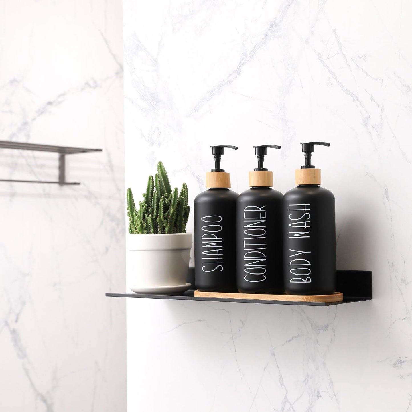 MOMEEMO Black Shower Soap Dispenser Set, Contains 3 Extra-Thick PET Plastic Bottles with Bamboo Pumps, Shampoo Bottles Refillable with Pump Perfect for Guest Room Must Haves. (Black)