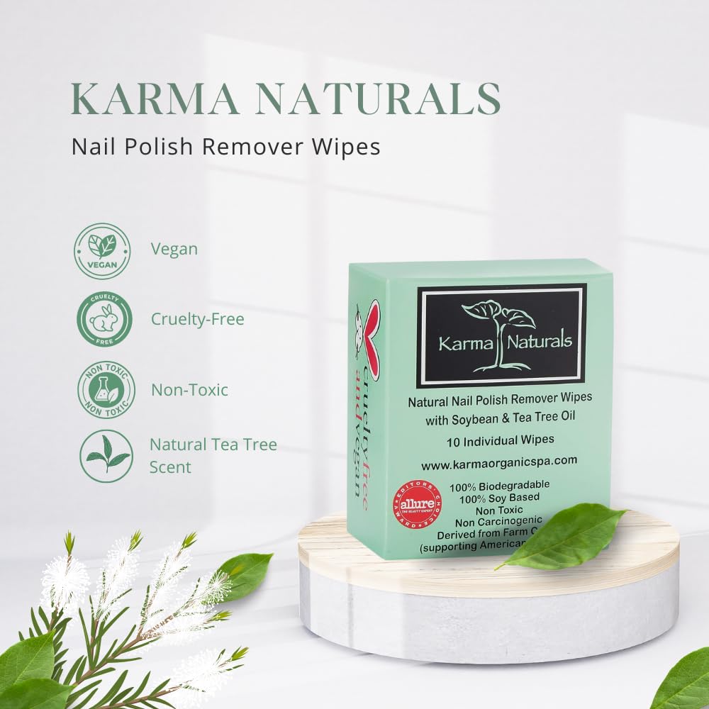 Karma Organic Natural Nail Polish Remover Wipes with Soybean and Tea Tree Oil, 100% Soy Based, Non-Toxic, Vegan, Cruelty-Free – Pack of 10