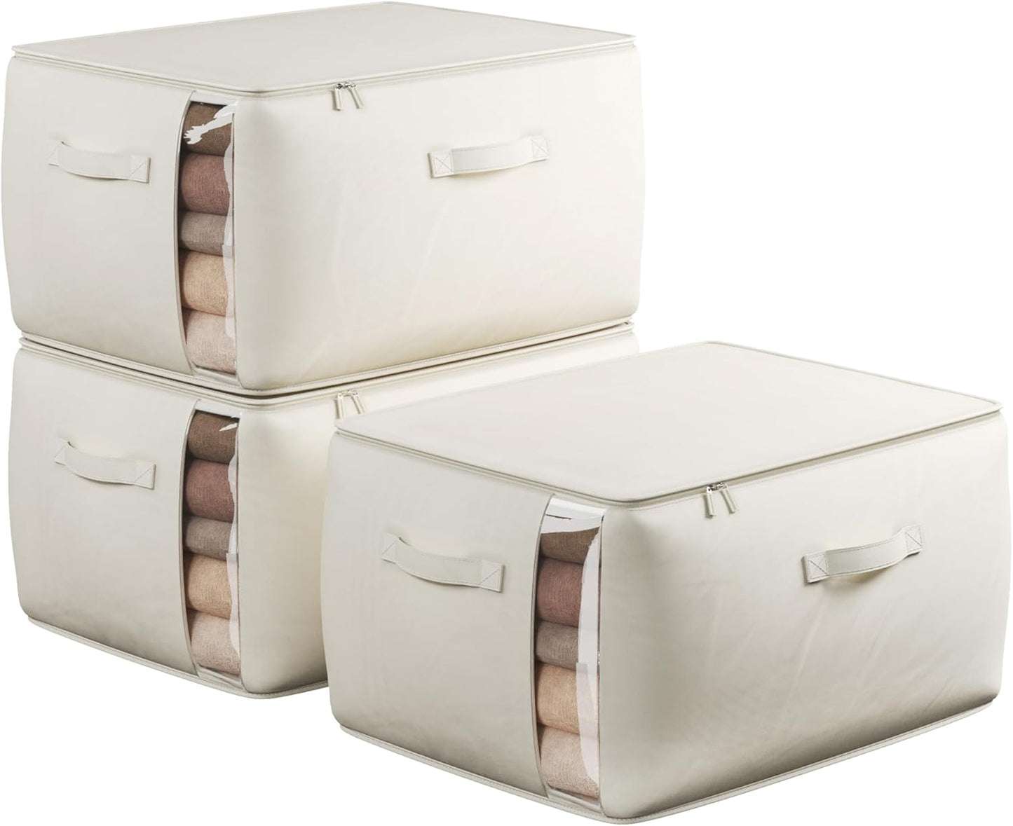Large Canvas Clothes Storage Bags with Thick Handles and Clear Window, Foldable Cotton Linen Closet Organizer for Clothing, Blankets and Bedding, 70L, 3 Pack, Beige
