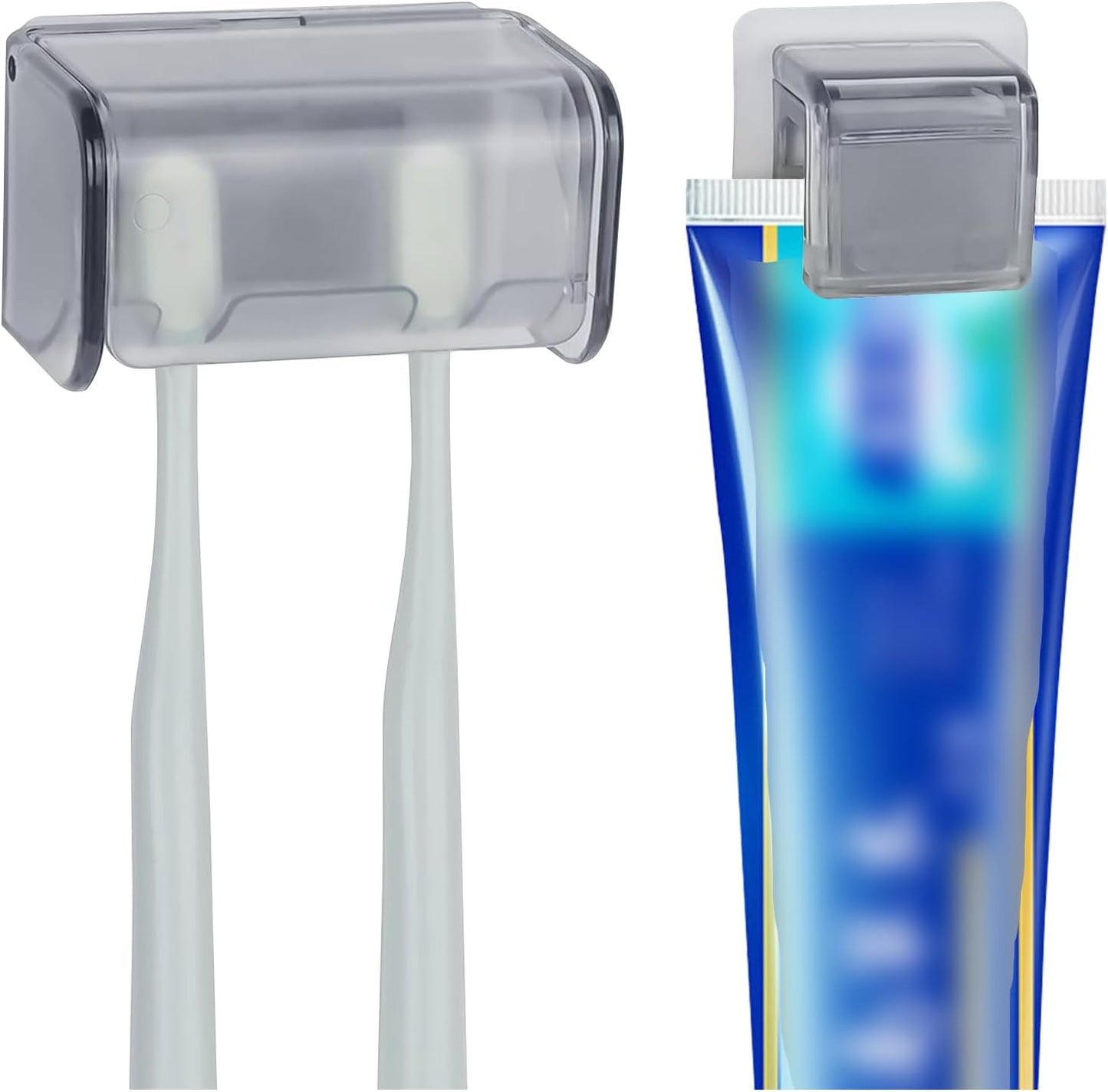 Wall-Mounted Toothbrush Holder with Cover, 2-Slot Organizer with Toothpaste Clip for Bathroom, Shower (Clear Combination 1)