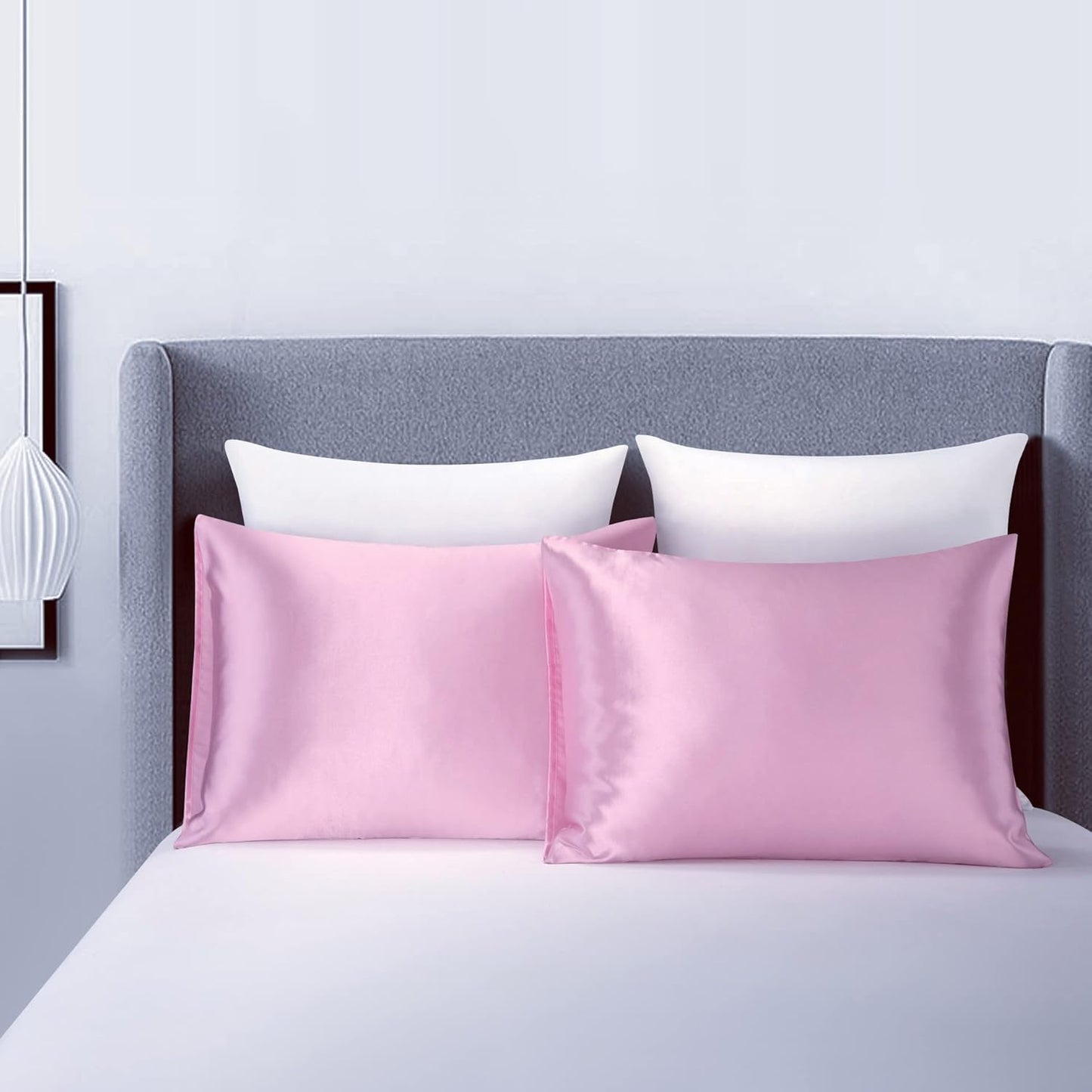 JUWENIN,Luxury Satin Pillowcase with Zipper (Silky Satin Pillow Case for Hair) Set of 2 (Queen, Pink)