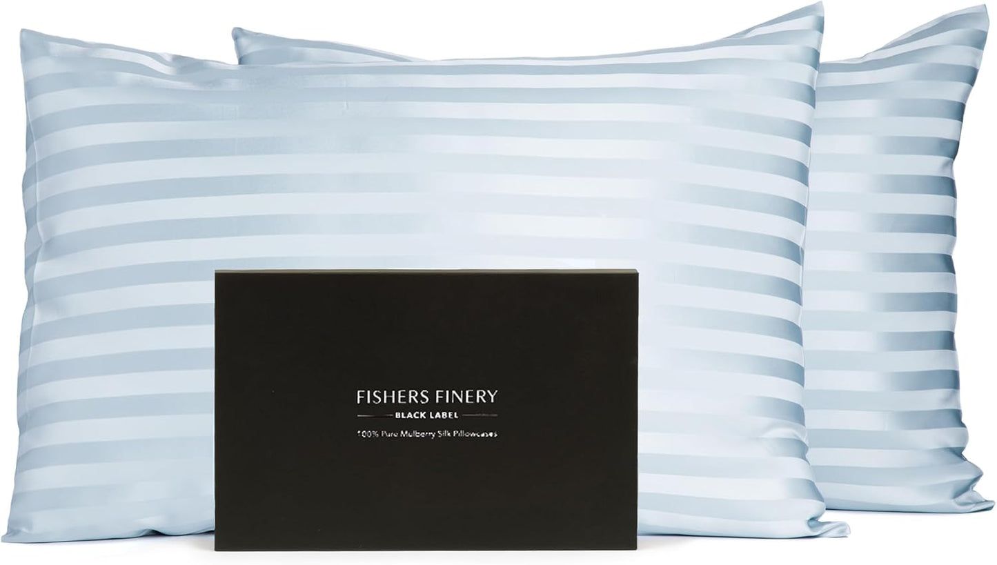 Fishers Finery 30mm 100% Pure Mulberry Silk Pillowcase Set, Quality Tested (Blue Stripe, King, 2 Pack Set)