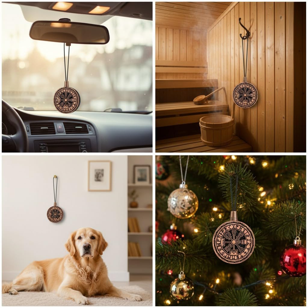 Wood Car Air Freshener — Vegvisir Handmade Unscented DIY Essential Oil Hanging Diffuser with Felt Insert — Add Your Own Oils — Refillable — Car/Truck/SUV — Cardboard Box