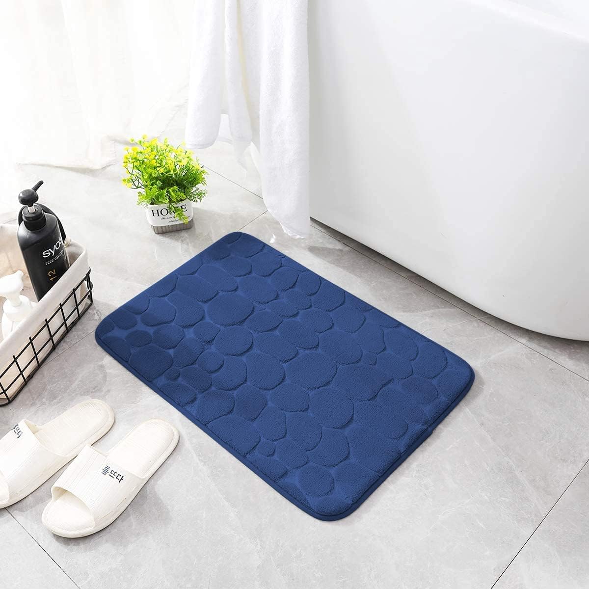 YIHOUSE Memory Foam Bath Mat Cobblestone Bathroom Rugs Super Water Absorbent Bath Mats for Bathroom Machine Washable Bath Rugs(24 x 36,Dark Blue)