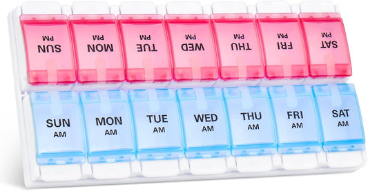 Sukuos Weekly Pill Organizer 7 Day 2 Times A Day, AM PM Medicine Pill Box with Easy Push Button, BPA Free Vitamin Cases for Fish Oil/Supplements, Easy to Clean (Red&Blue)