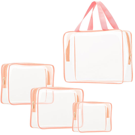4Pcs Crystal Clear PVC Travel Toiletry Bag Kit for Women Men, Waterproof Vinyl Packing Organizer Storage Bags with Zipper Handle Straps, Cosmetic Pouch Carry on Airport Airline Compliant Bag Handbag