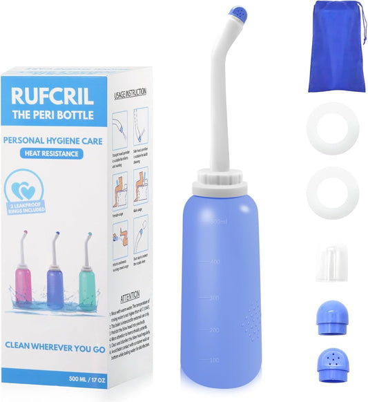 RUFCRIL Peri Bottle, Portable Travel Bidet with Bag, TPE Material Can Be Boiled, 17oz/500ml with 2 Sealing Rings,Essentials for Postpartum Perineal Care,Hemorrhoid Treatment,and Baby(Blue)