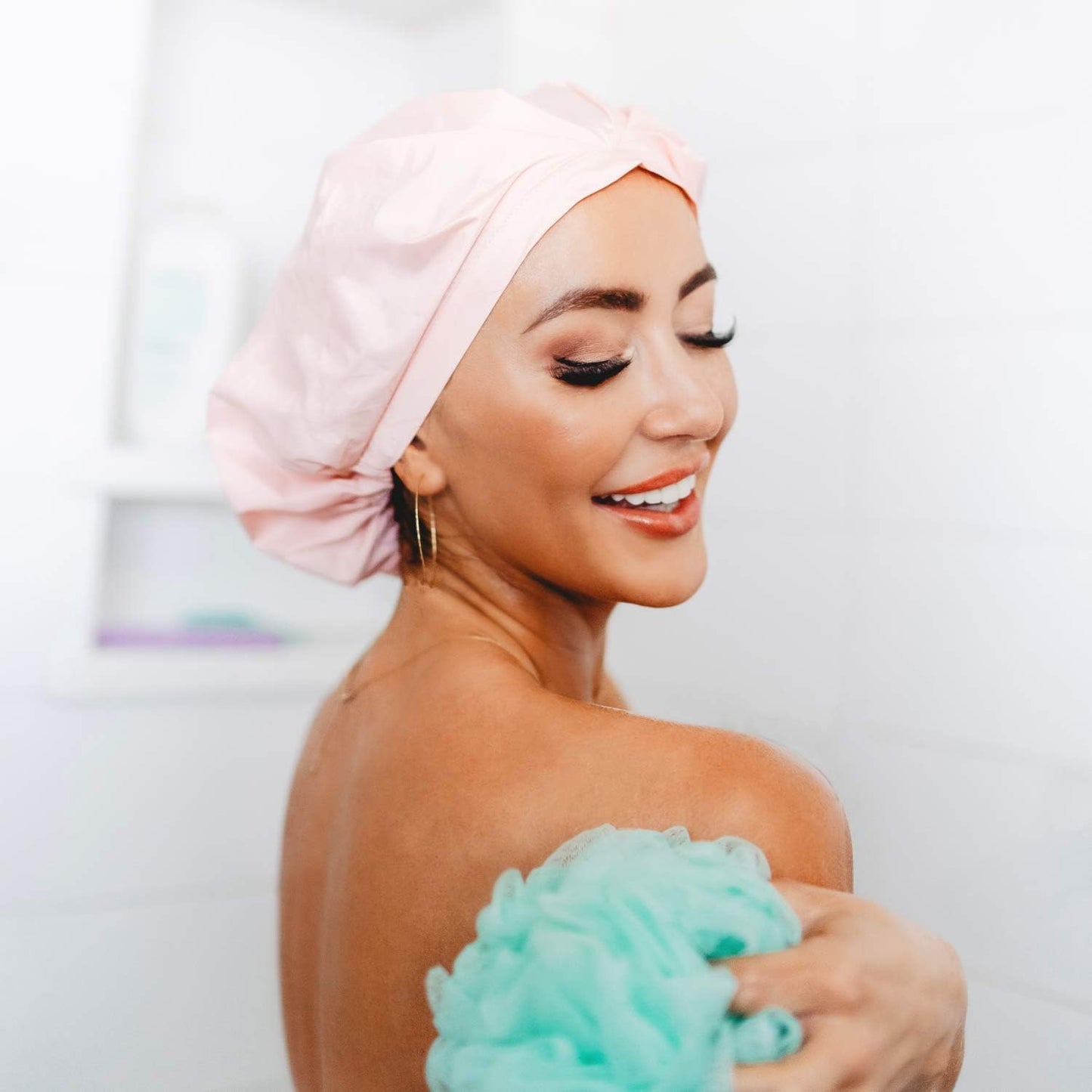 Gimme Beauty - Lined Shower Cap for Women and Men - Sleek Waterproof Shower Cap for Long Hair or Dry Styles - Reusable & Fast Drying with a Silicone Leak Proof Lining - Soft Pink (1 Count)