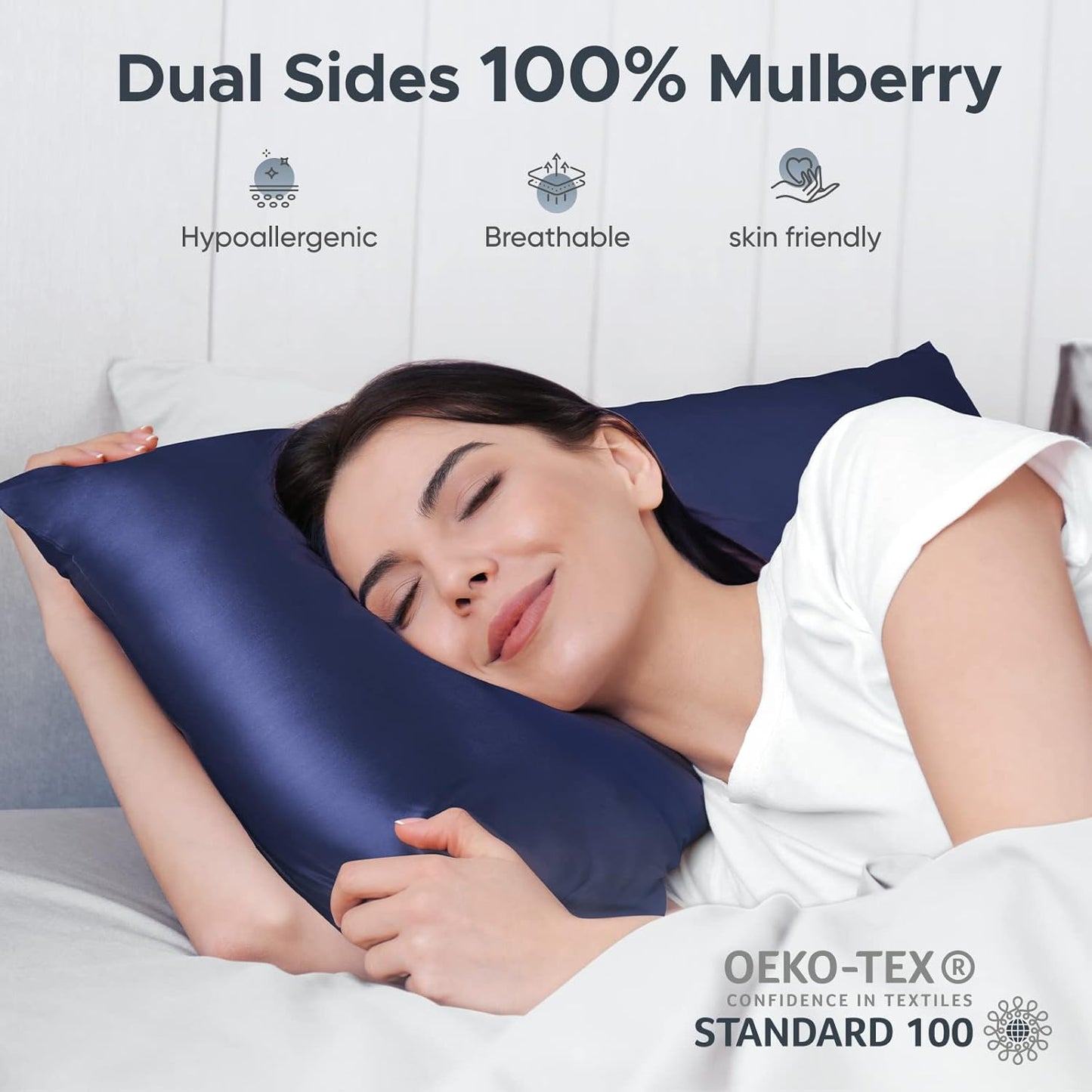 100% Pure Mulberry Silk Pillowcase for Hair and Skin - Allergen Resistant Dual Sides,600 Thread Count Silk Bed Pillow Cases with Hidden Zipper,1pc,Queen Size,Blue