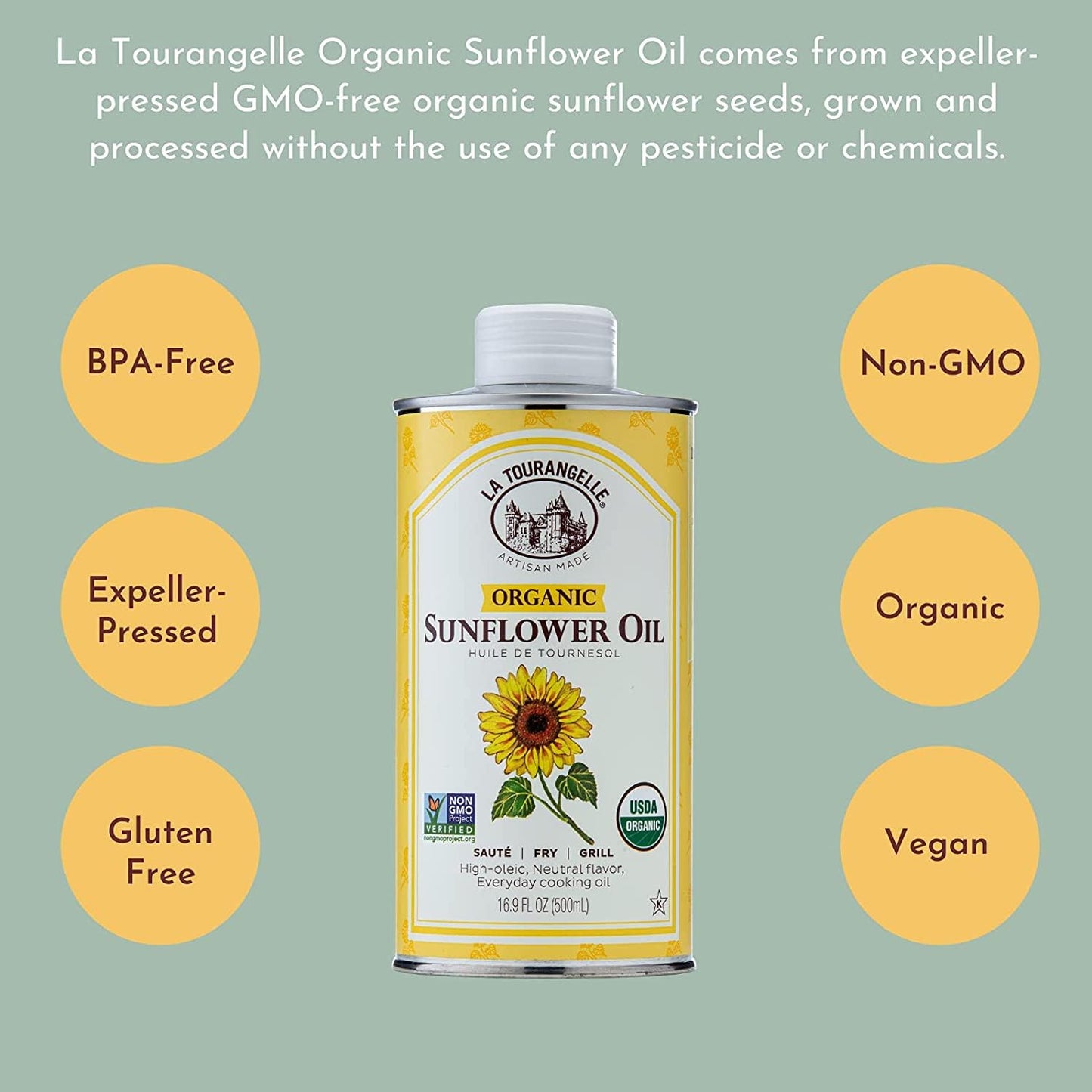 La Tourangelle, Organic High Oleic Sunflower Oil, Neutral Oil For Medium to High Heat Cooking and Skin Care, Non GMO, Pesticide and Chemical Free, 16.9 Fl Oz