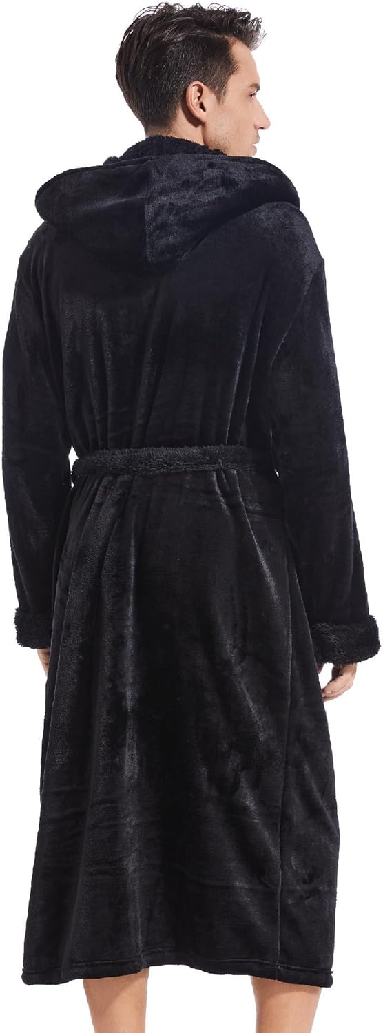 Inner Wish Mens Hooded Robe, Plush Long Bath robes Cozy Warm Bathrobe Fuzzy male Spa Robe With Pockets