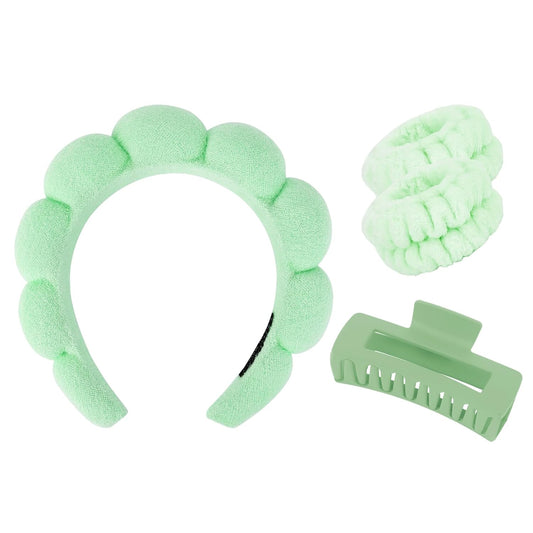 Wecoe Spa Headband And Wristband Set Skincare Headband For Washing Face Hair Claw Clips For Thick Hair Cute Green Puffy Sponge Makeup Bubble Head Band Wrist Towels Scrunchies For Women Girls