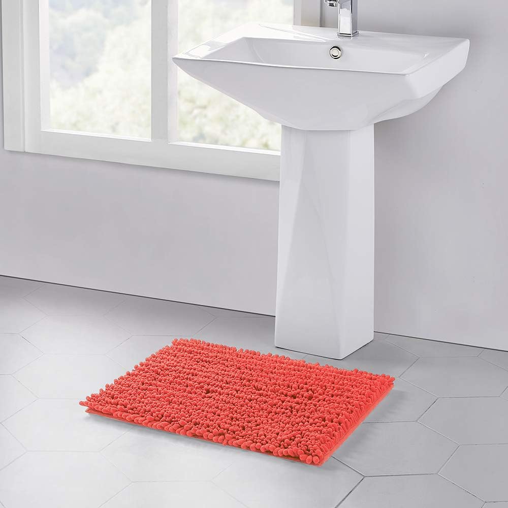 Walensee Bathroom Rug Non Slip Bath Mat (44x24 Inch Coral) Water Absorbent Super Soft Shaggy Chenille Machine Washable Dry Extra Thick Perfect Absorbant Best Large Plush Carpet for Shower Floor