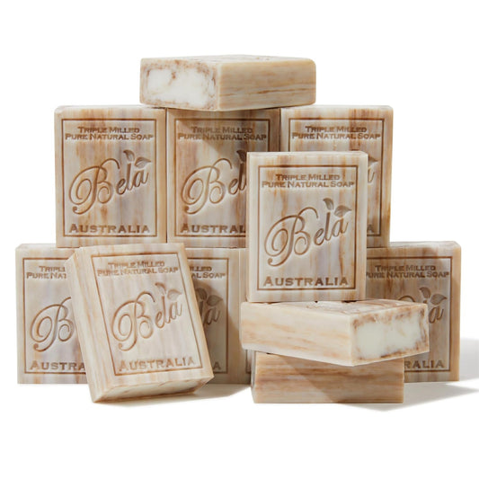 BELA Sandalwood Soap 3.3 OZ, Pack of 12 French Triple Milled Bar Soap with Organic Shea Butter, Hand, Face and Body Wash Bar, Made in Australia