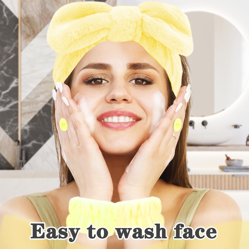 16pcs Skincare Headband Set, Headband Set for Face Washing Spa and Makeup, Including 1 Hairband, Wristband, 3 Hair Claw Clips and 10 Hair Ties, with Box, Gift for Women and Girls, Yellow