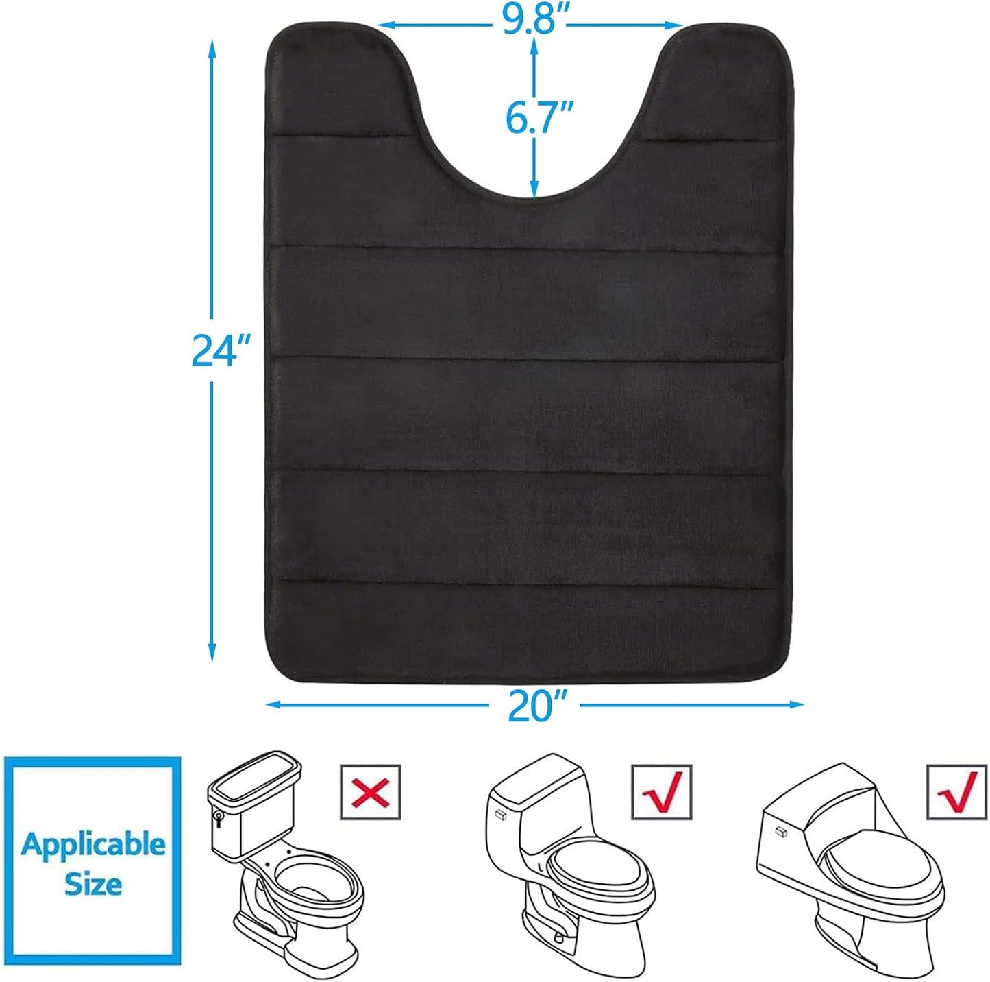 Buganda Memory Foam U-Shaped Contour Toilet Rugs, Non Slip Absorbent, Thick Soft Washable Bathroom Mat, Floor Carpet Bath Rugs Mat for Toilet Base (24" x 20", Black)