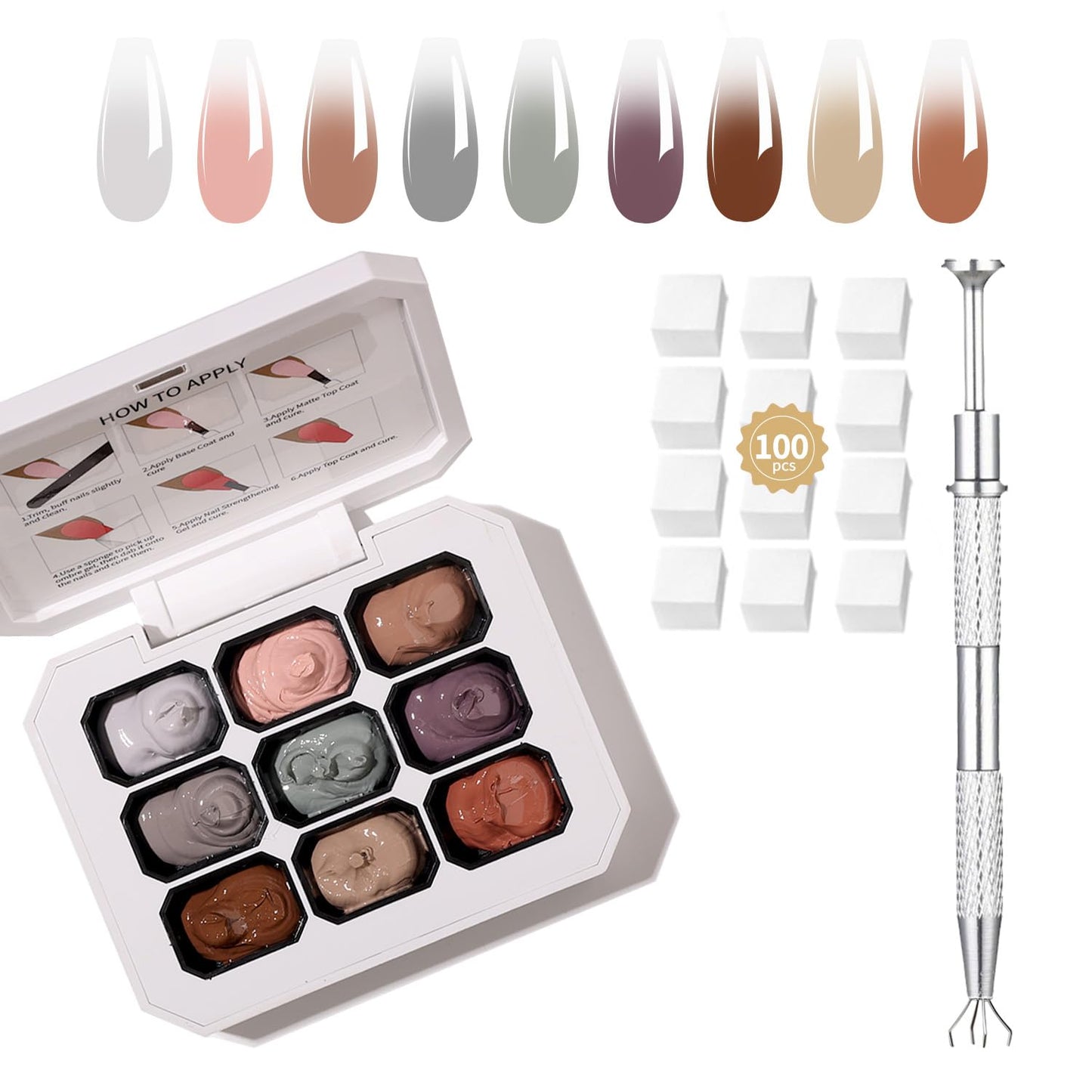 9 Colors Set Ombre Gel Nail Polish,Gradient Painting Gel for Nails with 100Pcs Nail Sponges for 3D Nail Art in Salon or Home Use (omber-02)