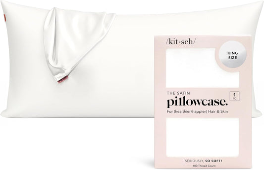Kitsch Satin Pillowcase, Softer Than Silk Pillow Cases King, Cooling Pillow Covers, Satin Pillowcase with Zipper for Hair, Skin & Quality Sleep, Wrinkle-Free & Smooth, King Size 19"x36", Ivory