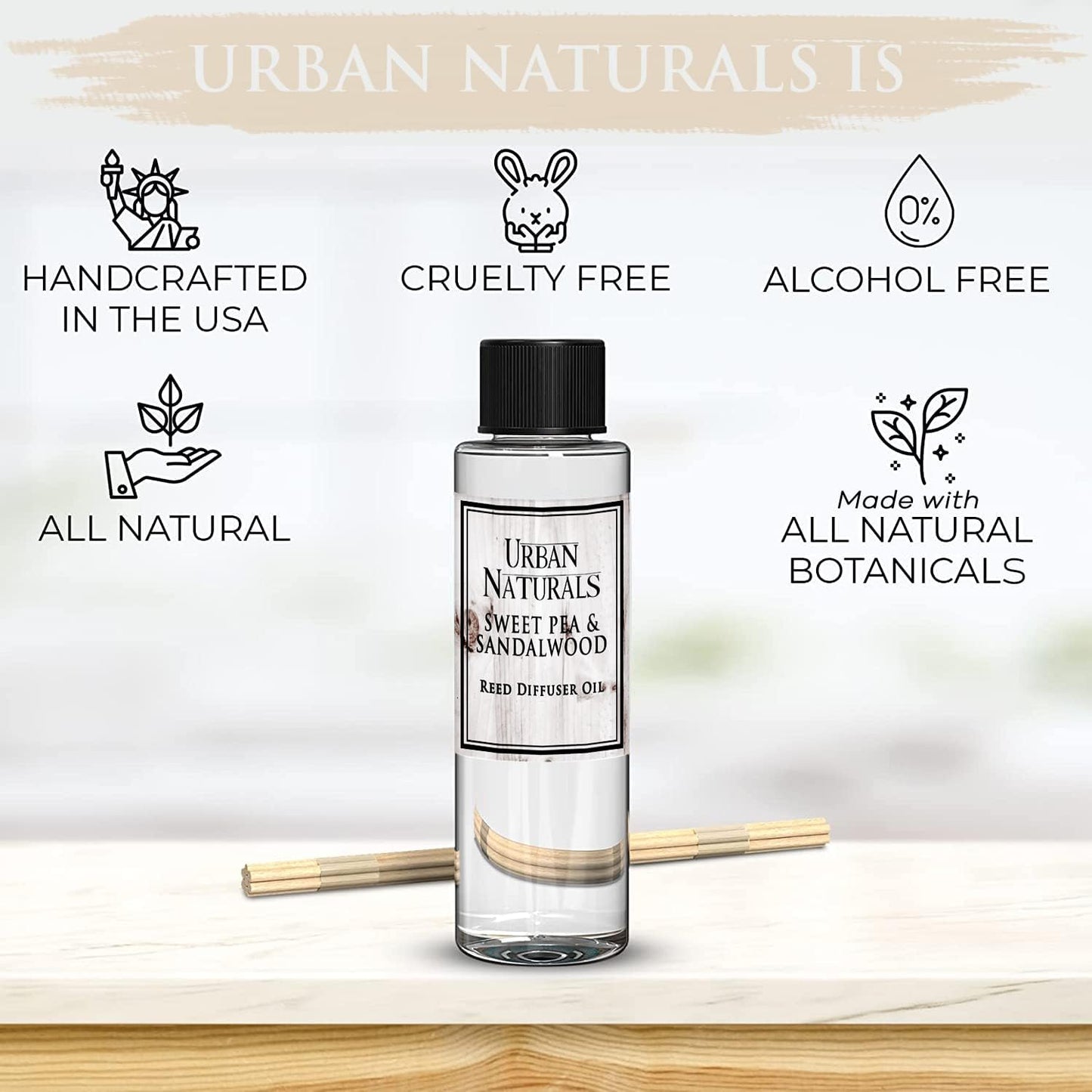 Urban Naturals Reed Diffuser Oil Refill, Sweet Pea & Sandalwood Diffuser Oils with Jasmine, Berries, Sweet Pea, 4 oz + Free Reed Sticks, Made in The USA