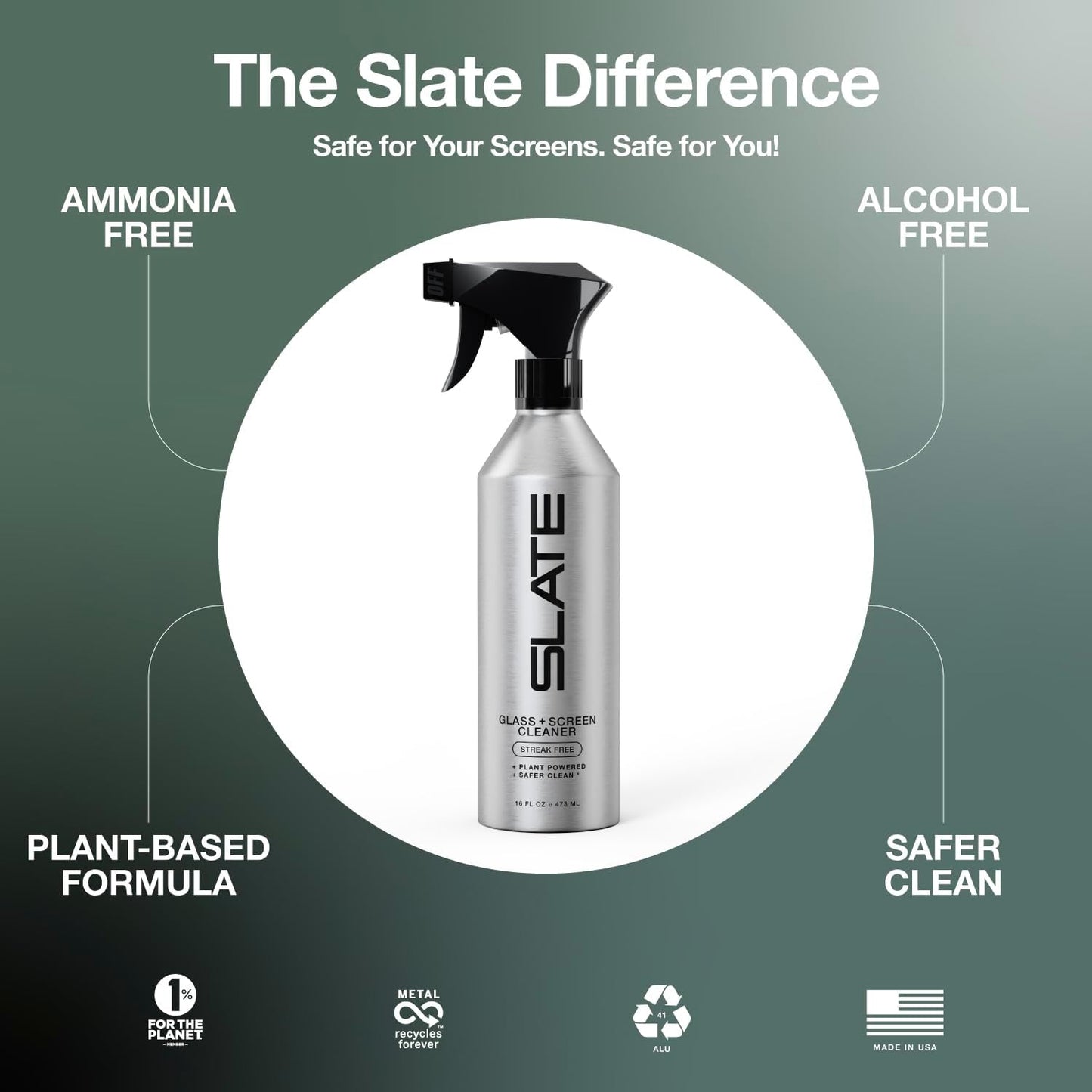 Slate Screen Cleaner Spray and Microfiber Cloth - Streak Free - Cleans Laptop, Computer, Tablet, Phone, TV, and Car Screens, Biodegradable Plant-Based Formula, Touch Safe, 16oz